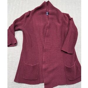 Chaps Womens Burgundy 100% Cotton Chunky Knit Open Front Shawl Cardigan Large